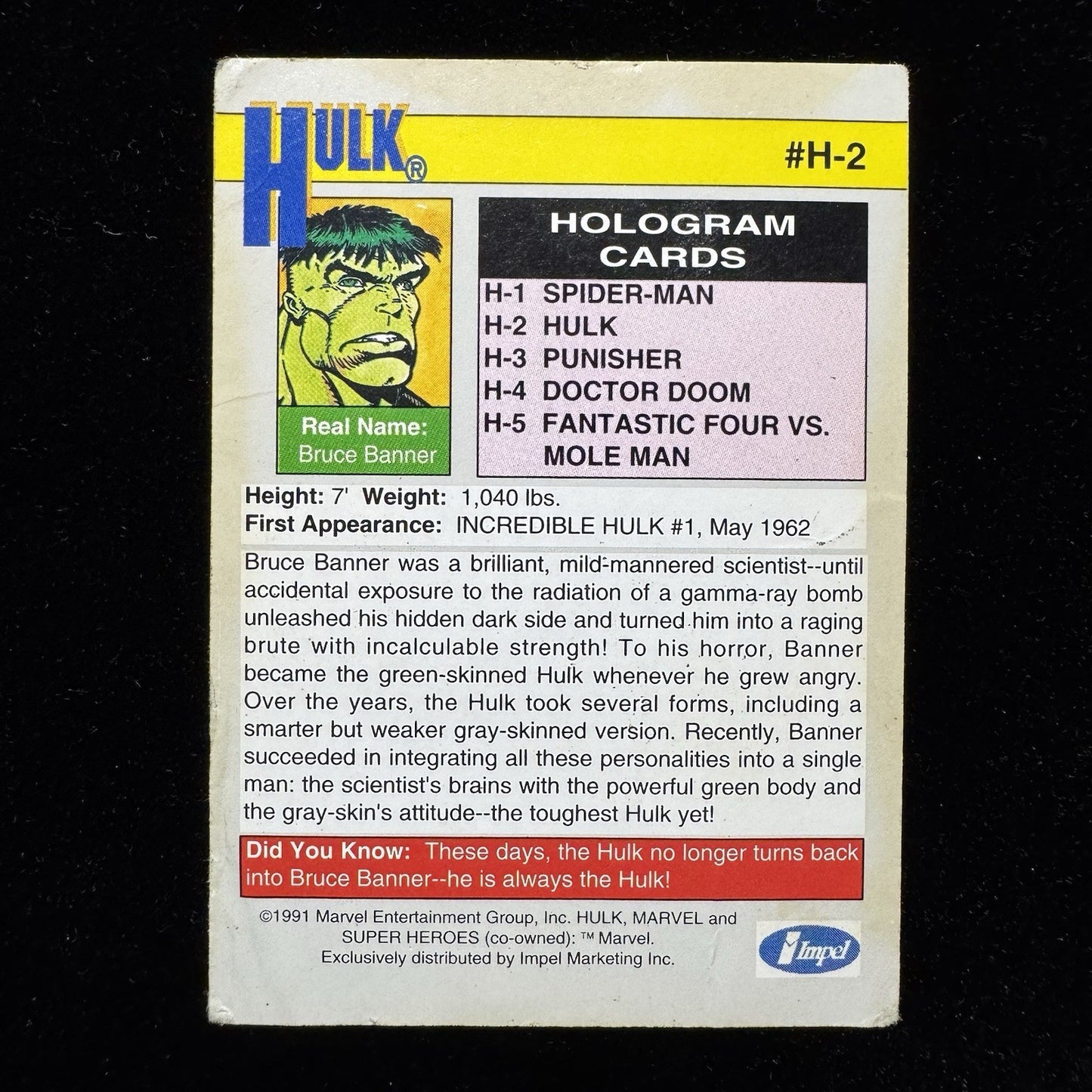 1991 Marvel Universe Hulk Hologram H-2 ImpelVintage Insert Card 90s Marvel