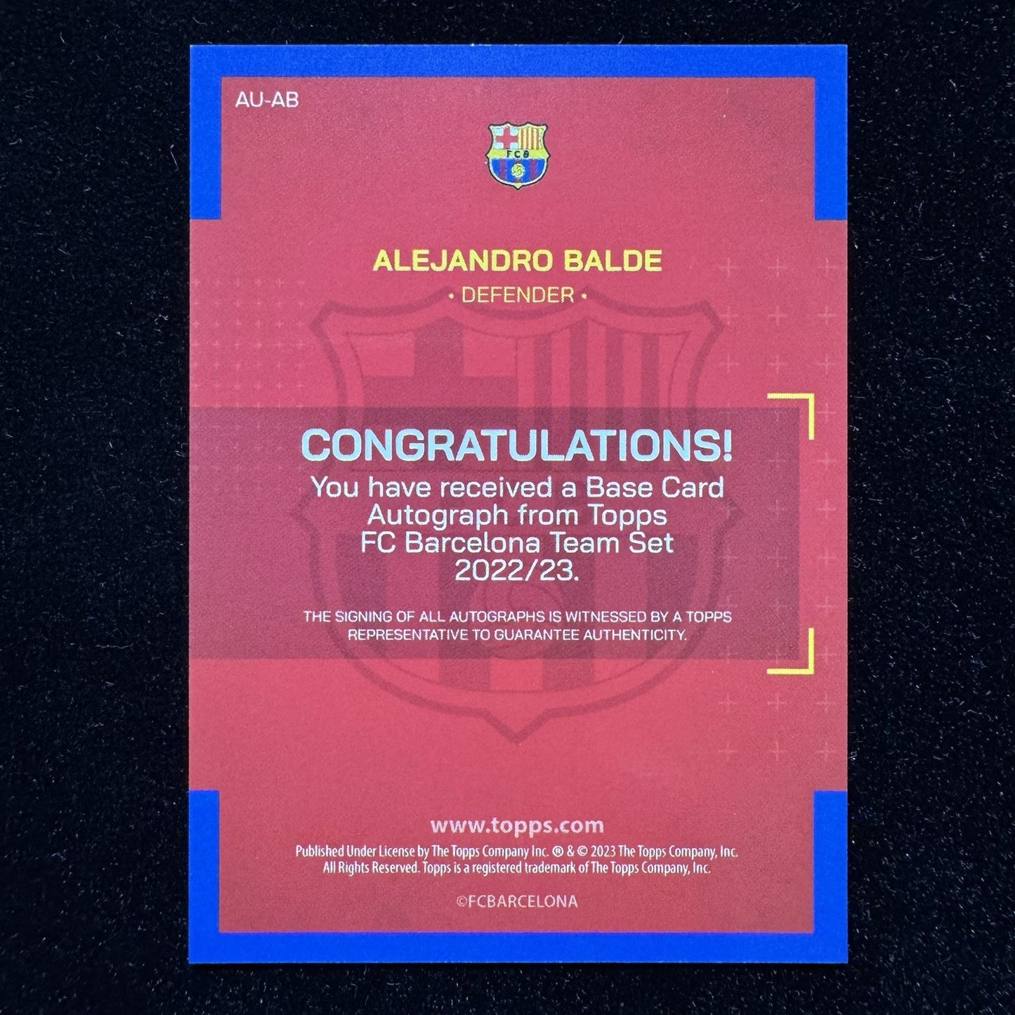 Alejandro Balde Auto AU-AB 2022-23 Topps FCBarcelona Autograph Card