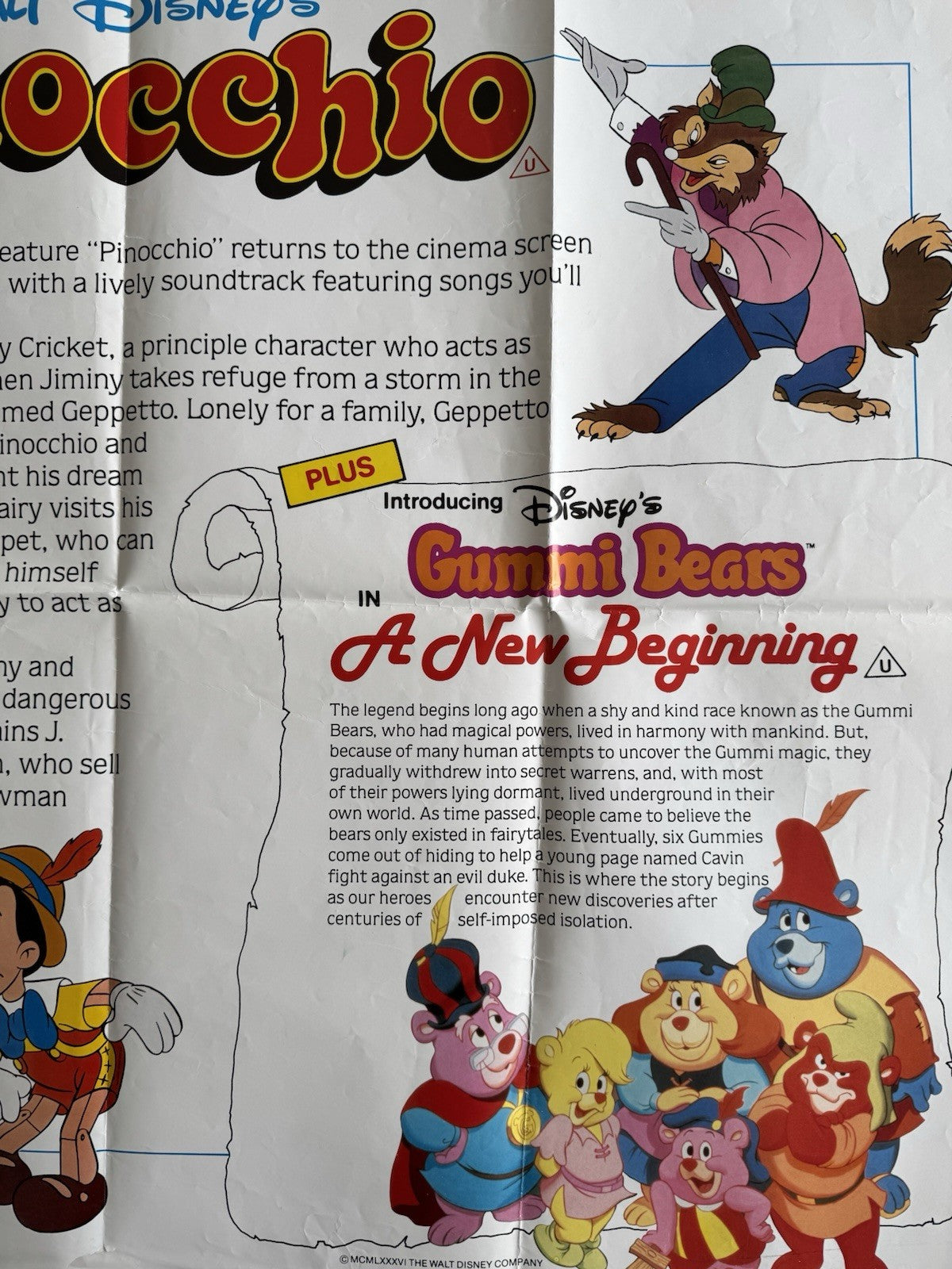 Walt Disney's Pinocchio and Gummi Bears 1986 - Original UK Quad Cinema Poster