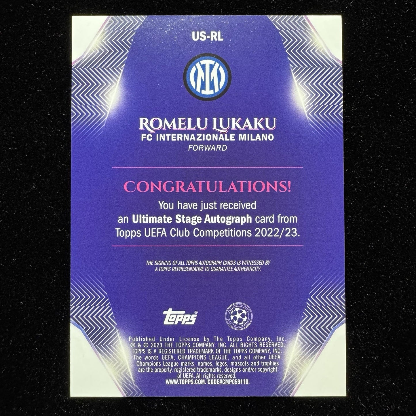 Romelu Lukaku Ultimate Stage Auto US-RL2022-23 Topps UEFA Inter Milan