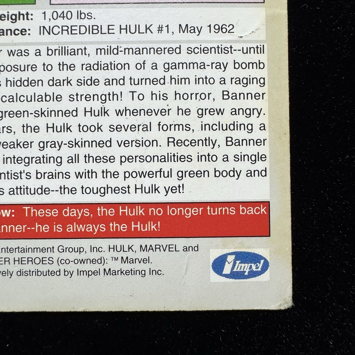 1991 Marvel Universe Hulk Hologram H-2 ImpelVintage Insert Card 90s Marvel