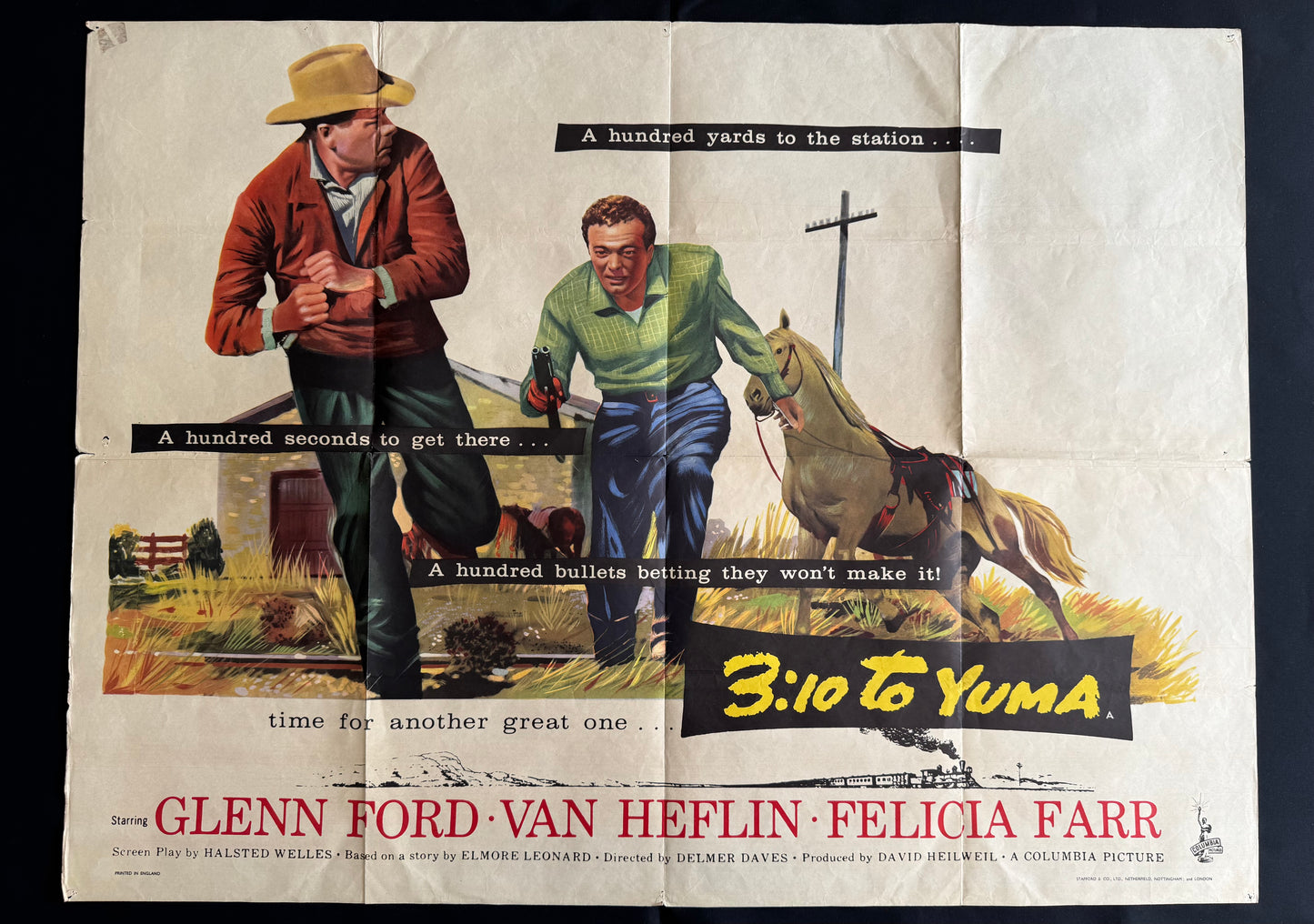 3:10 To Yuma 1957 - Original UK Quad Cinema Poster - Glenn Ford Western - Folded