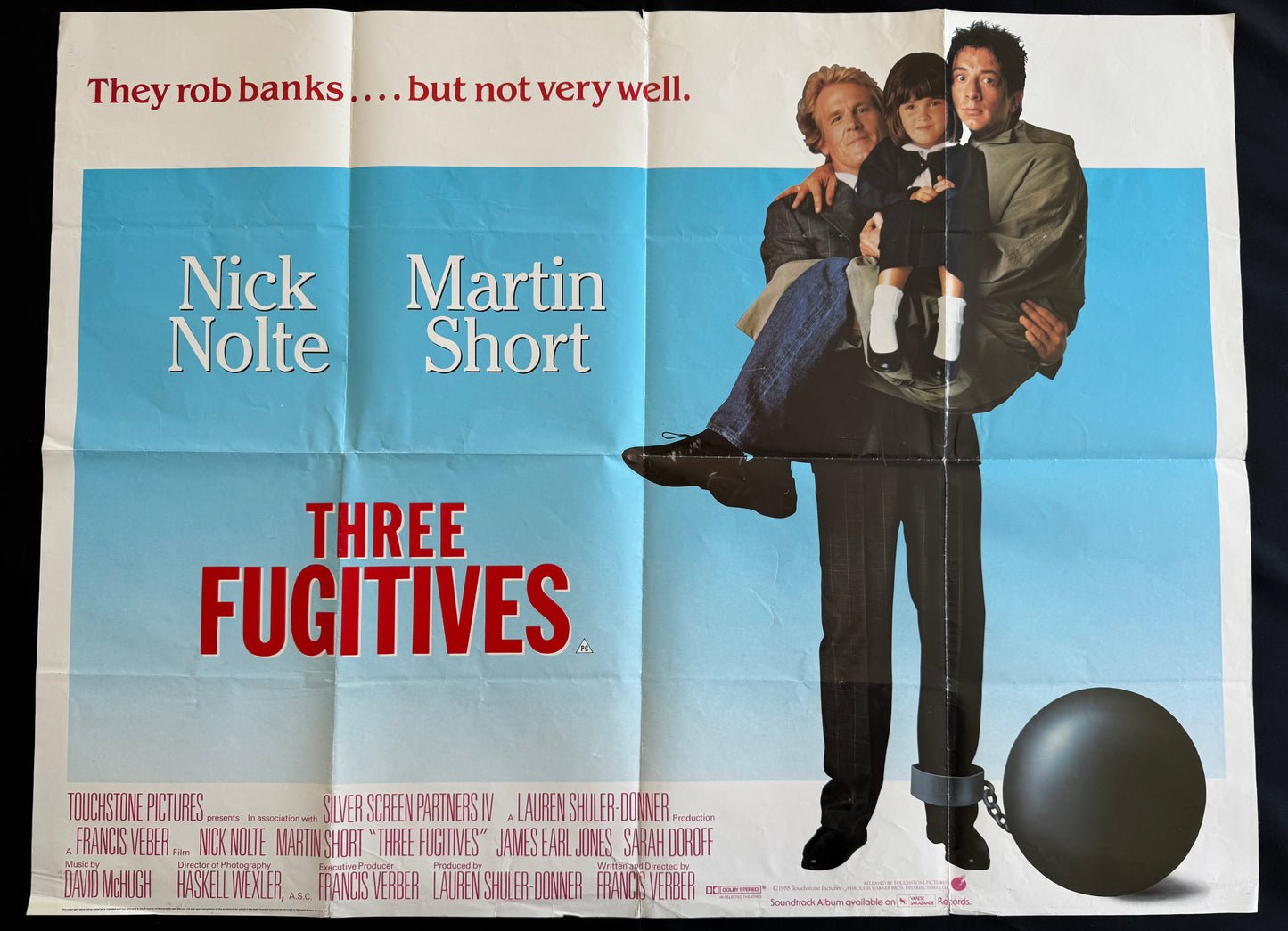 Three Fugitives 1989 - Original UK Quad Cinema Poster - Nick Nolte - Folded